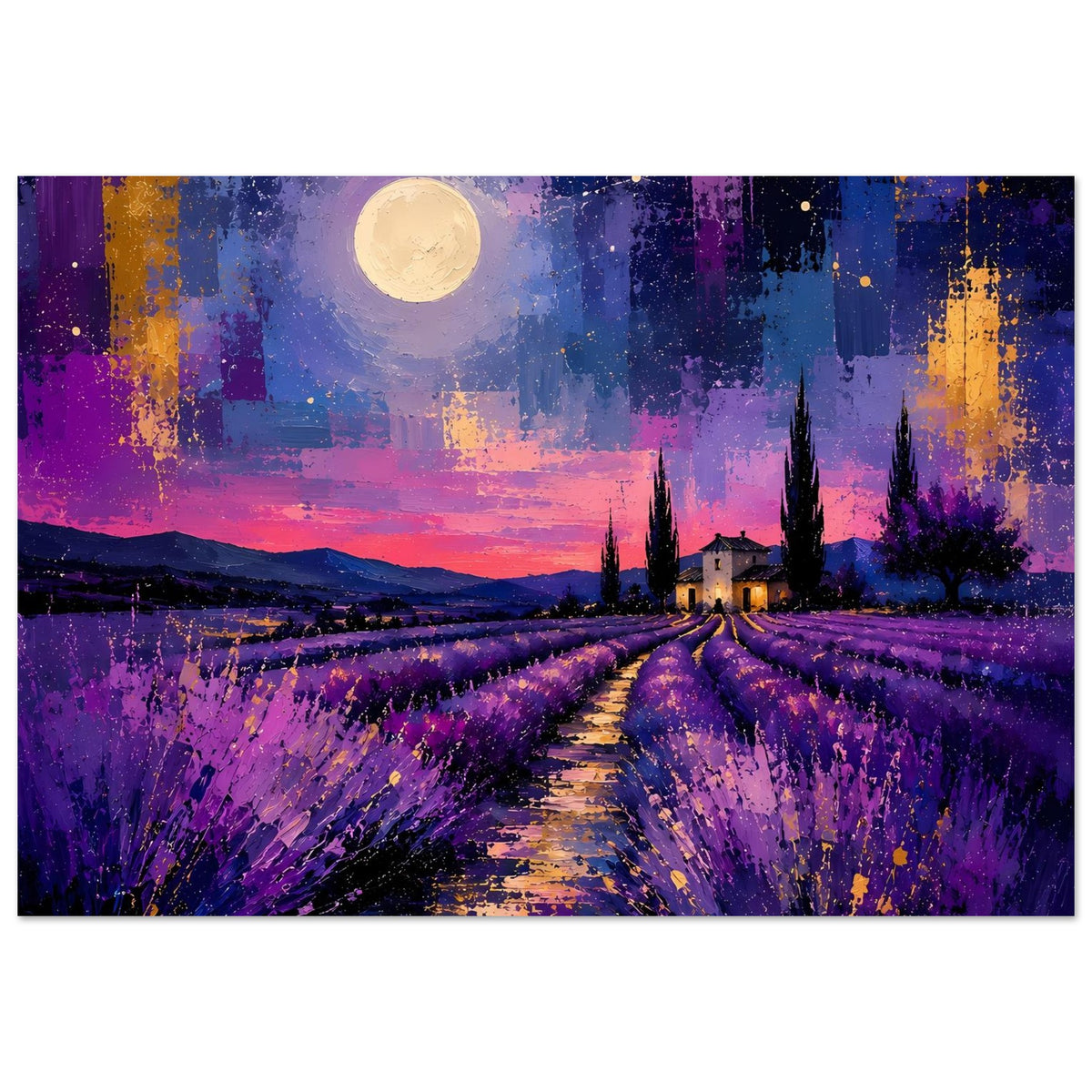 Horizontales Poster mit Lavendelfeld, Weg im Vordergrund und goldenem Mond am Abendhimmel