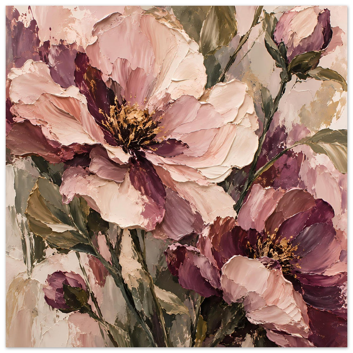 Florales Poster im Hochformat mit blassrosa Blütenstrauß, mauvefarbenen Blütenblättern und grünen Stielen.