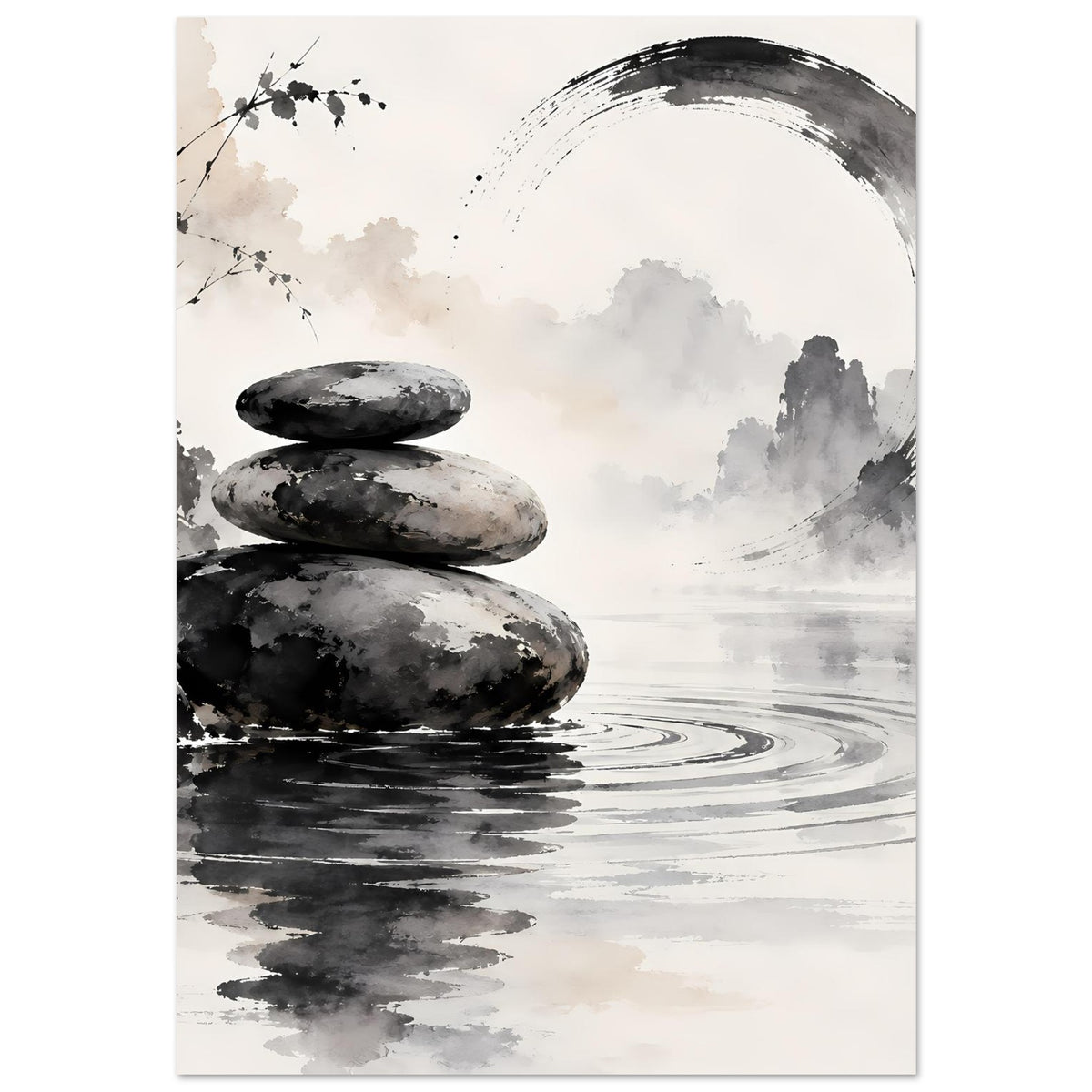 Poster Zen: Steinschichtung mit Wasserlinien, großer schwarzer Halbkreis, graue Akzente