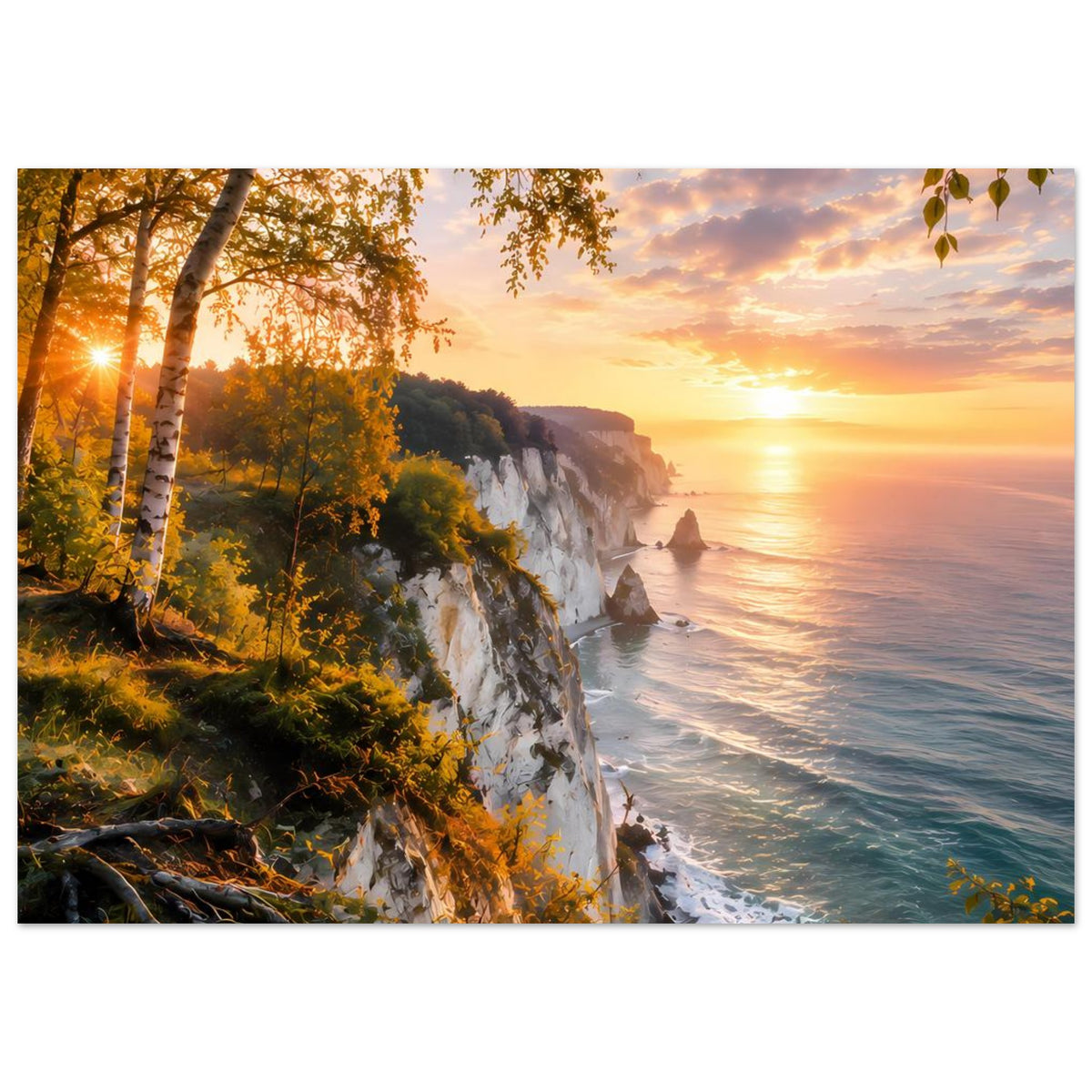 Poster: Küstenklippen mit Birken im Vordergrund, Sonne am Horizont, Wellen am Meer
