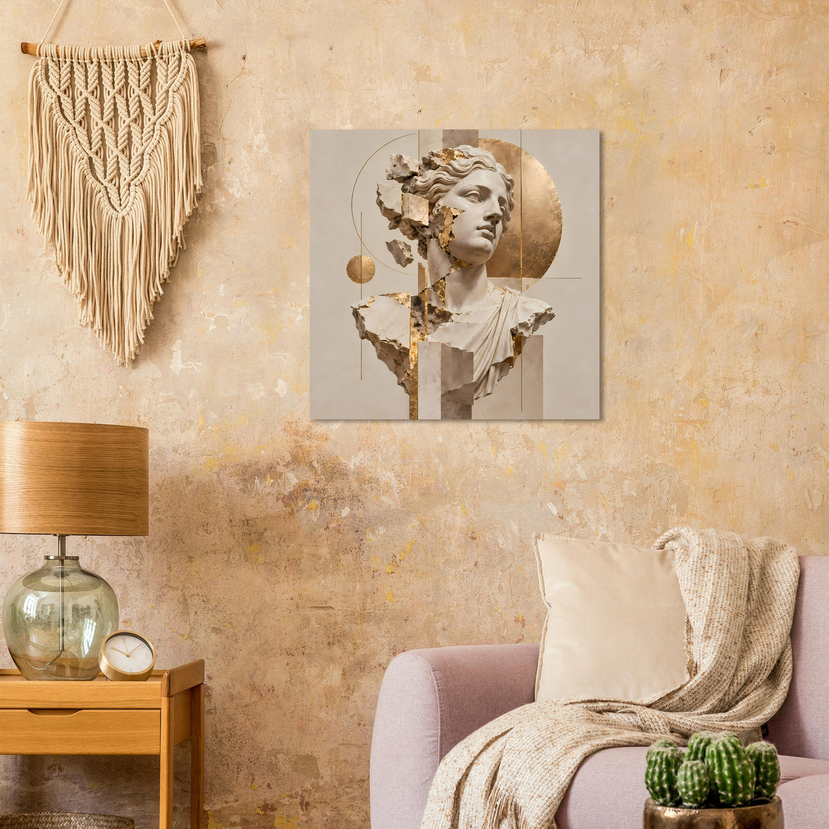 Kunstposter mit fragmentierter Büste und rundem Goldkreis, teils cremefarben