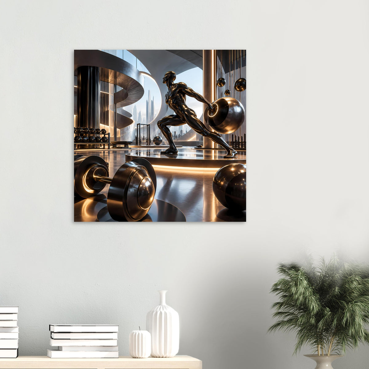Fitnessposter am Wohnwand: Bronzefigur mit Hantelbank, Hantelscheiben und goldenem Licht