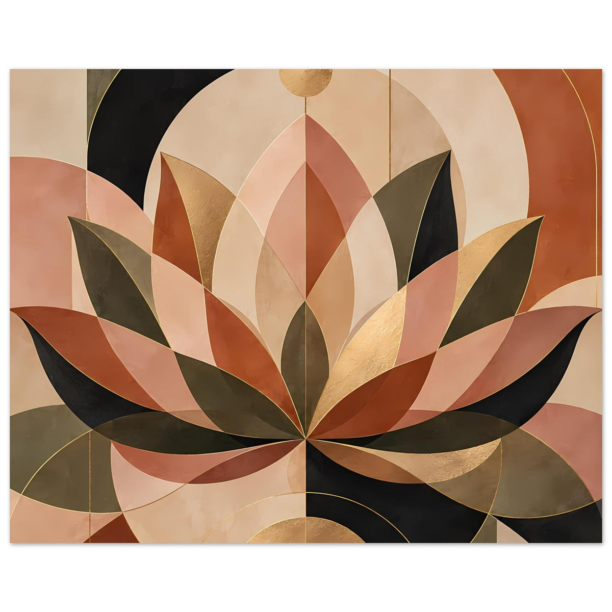 Horizontales Poster mit geometrischer Lotusblüte, Beige, Braun, Schwarz und Goldakzenten