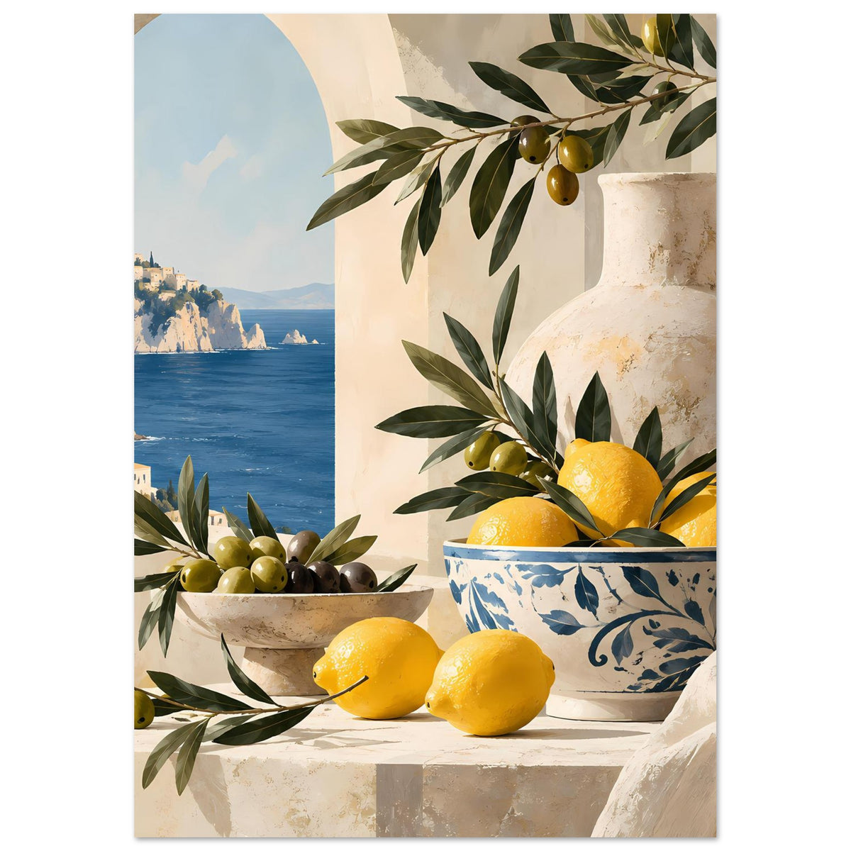 Poster mit Zitronen in Schale, Olivenzweigen und cremefarbener Vase, Meeresblick links