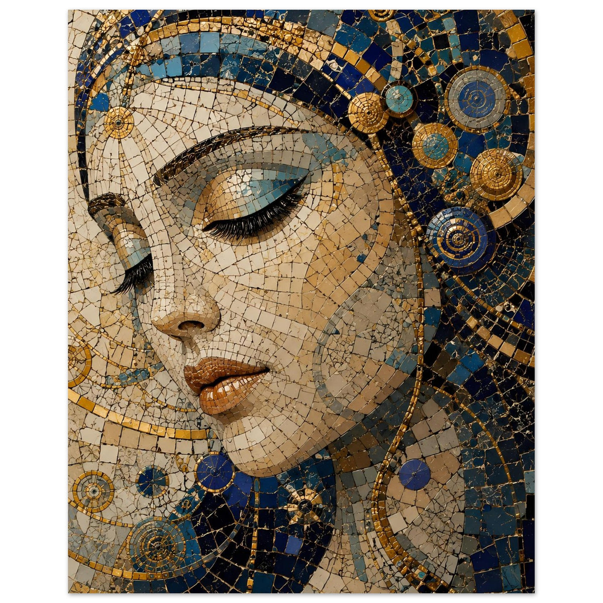 Poster mit Mosaik-Porträt einer Frau in Blau-Gold, schräger Kopf im Detail