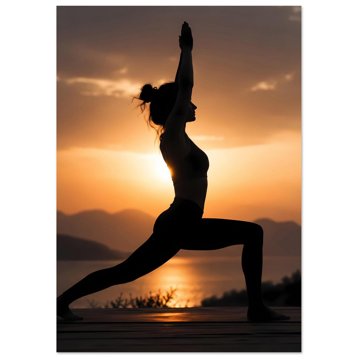 Yoga-Poster: Silhouette in einbeiniger Haltung, Arme nach oben gestreckt