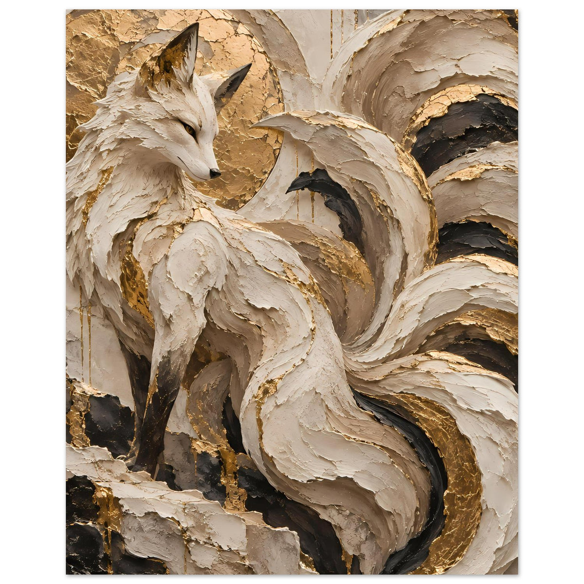 Hochkant-Poster mit weißem Fuchs und goldbraunen Wirbeln, beige und dunkle Schichten