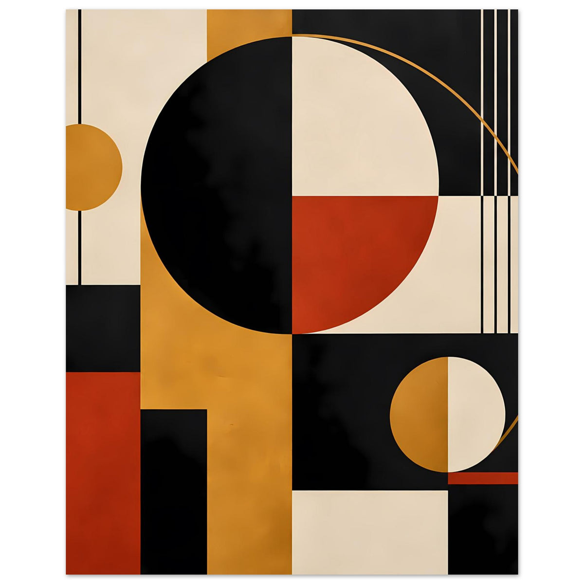 Geometrischer Kunstdruck mit großem Kreis, kleinem Kreis und vertikalen Linien in Rot, Schwarz, Gelb