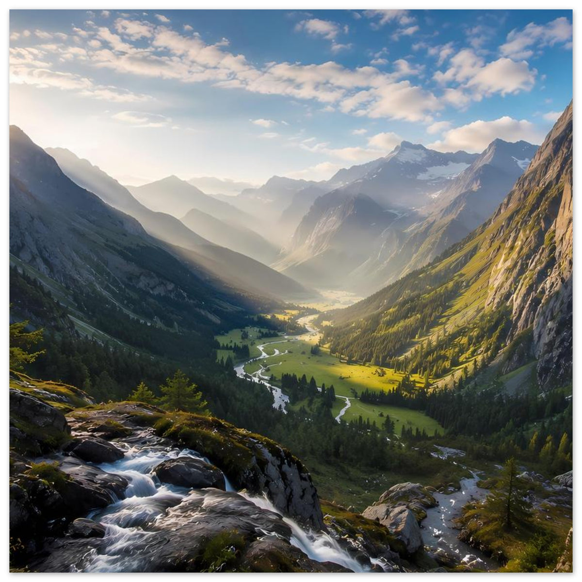 Poster mit Gebirgslandschaft, Sonnenlicht über dem Tal und Stromschnellen im Vordergrund