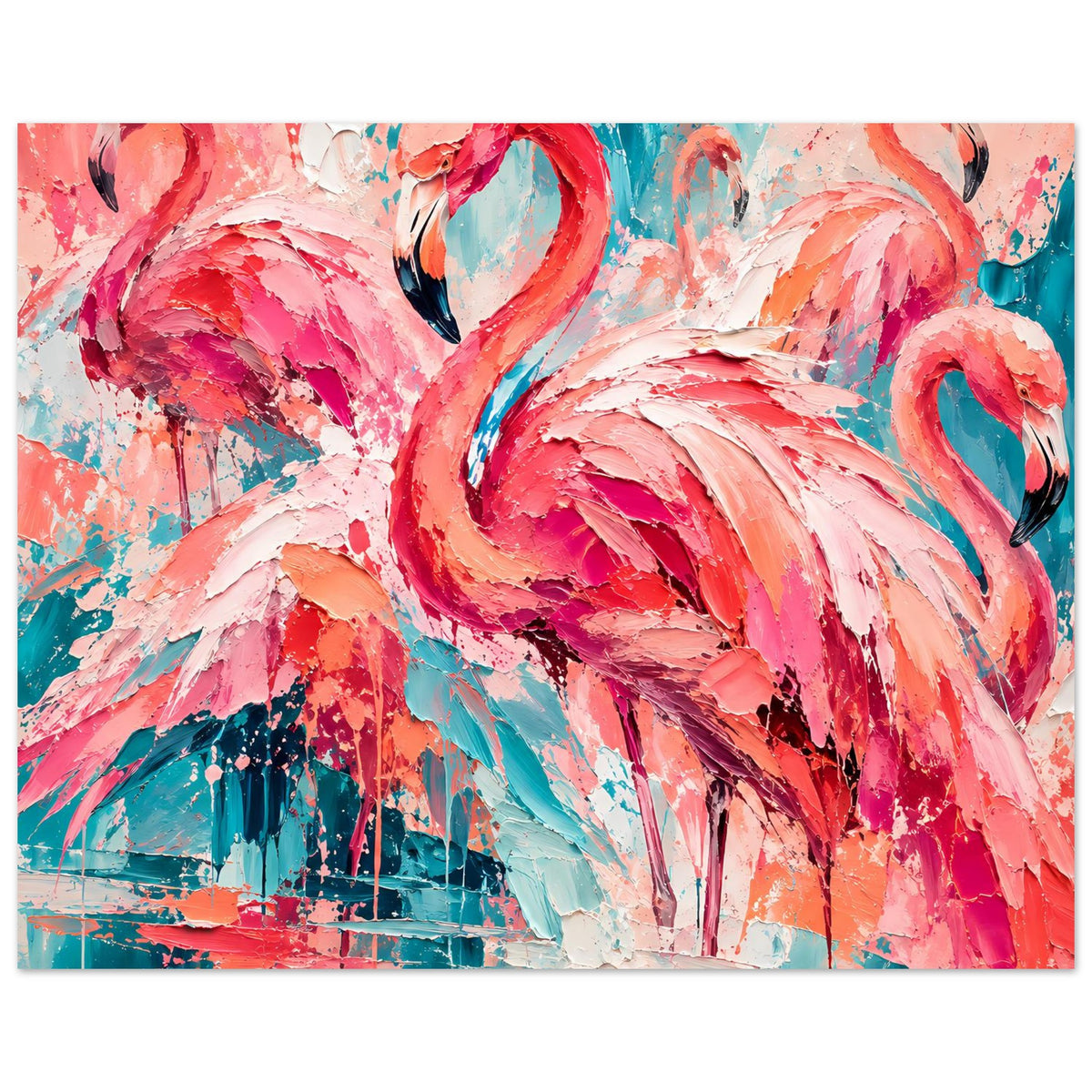 Flamingo-Poster mit abstrakten Pinselstreifen in Pink, Türkis und Weiß, breiter Bildausschnitt