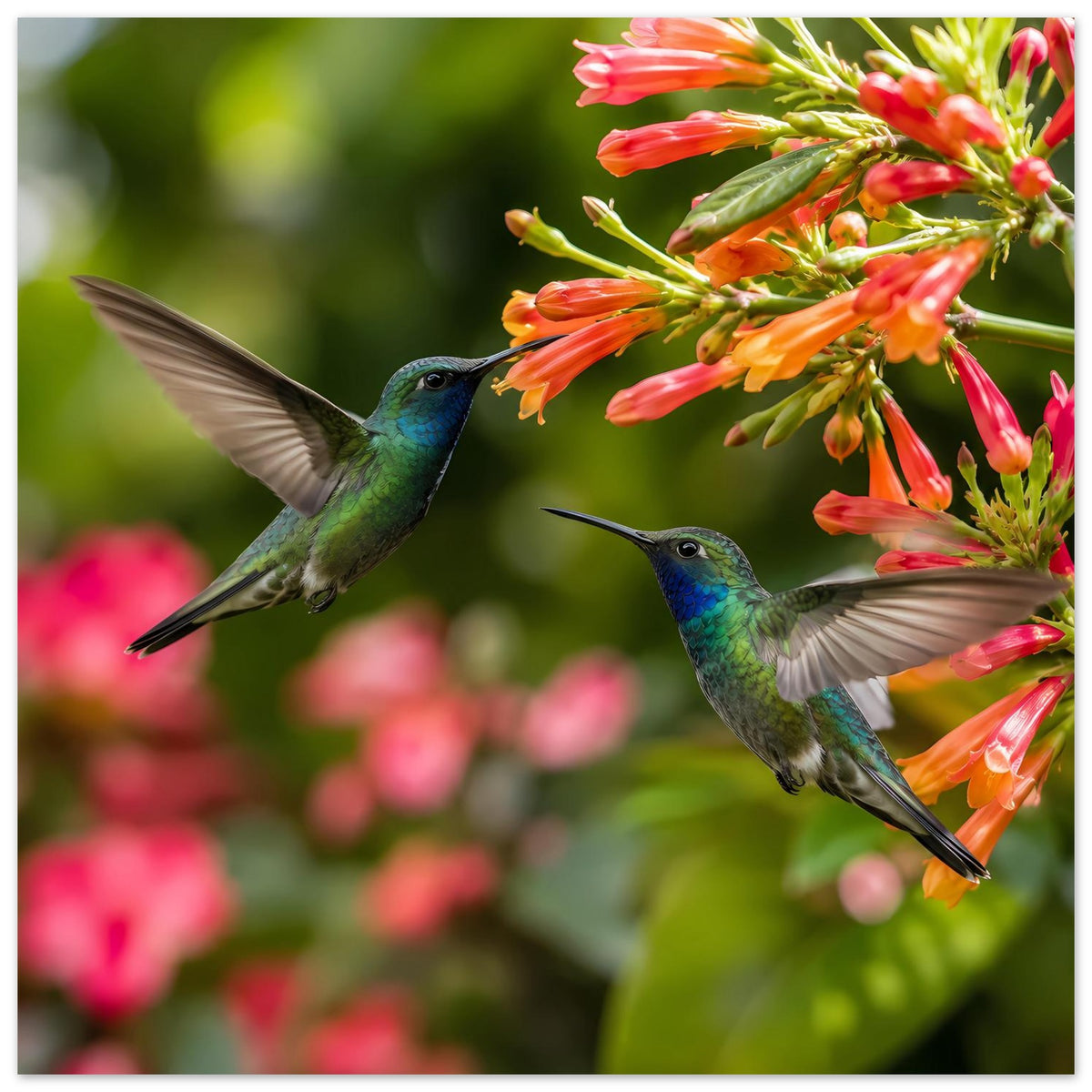 Quadratisches Premium-Mattposter: zwei Kolibris im Flug vor grünem Blätterzweig
