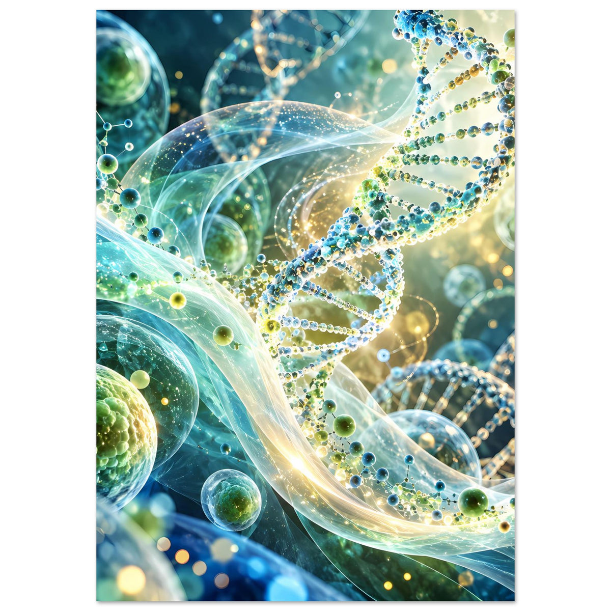 Leuchtendes DNA-Doppelhelix-Biotech-Poster, Nahansicht mit blauen Strängen und grünen Partikeln