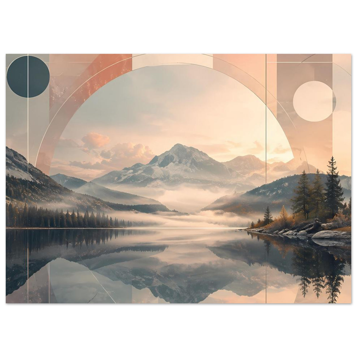 Horizontaler Posterprint mit Bergsee-Motiv und geometrischen Formen, Kreisen und Linien in Beige und Blau
