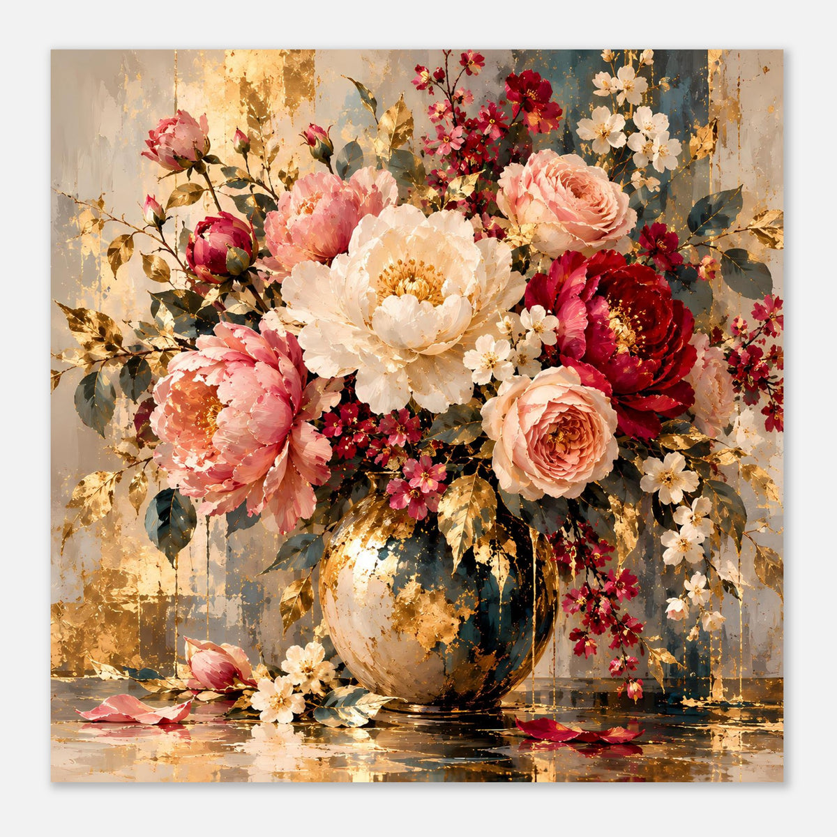 Blumenposter im Hochformat mit Rosen und Pfingstrosen in Vase, Pastellrosa, Creme und Burgunderrot