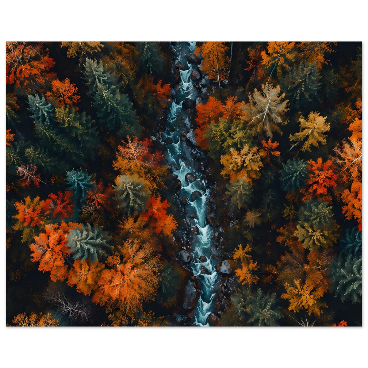 Horizontales Poster mit dunklem Herbstwald und blauem Fluss, leuchtend orange Baumkronen