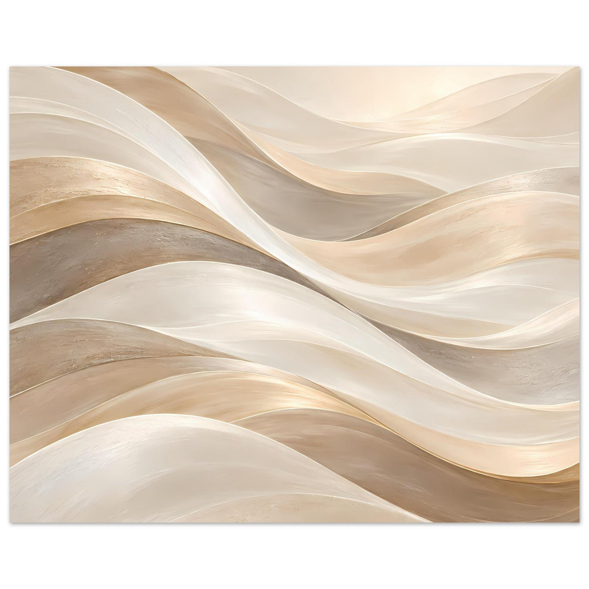 Kunstposter im Querformat mit abstrakten Wellen in Creme, Beige und goldfarbenen Linien, gerahmt