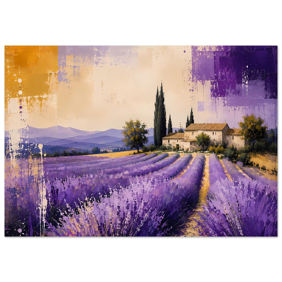 Querformat-Poster mit Lavendelfeld in Violett, Weg zur Bildtiefe, Haus mit Zypressen und Goldspritzern.