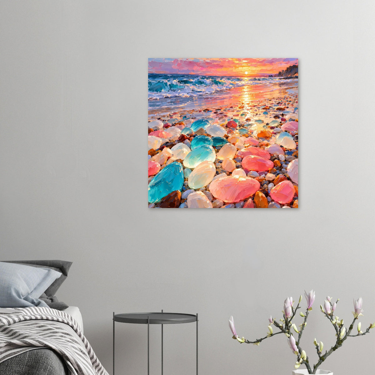 Wandposter mit kleinem Format: Strandgemälde mit Sonnenuntergang und bunten Kieselsteinen