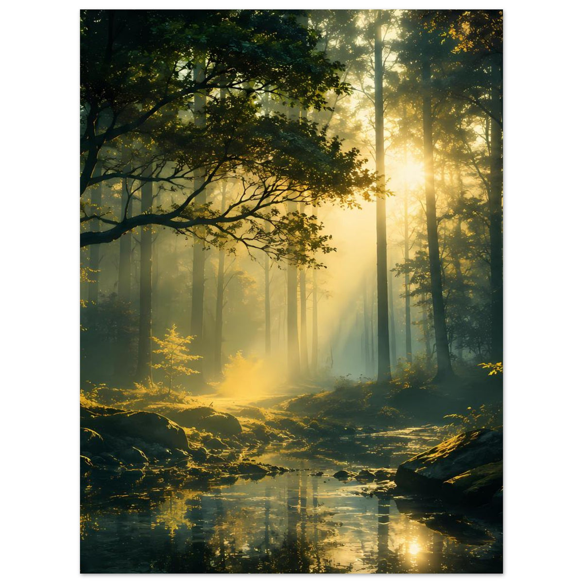Hochkantiges Poster: Wald mit Sonnenstrahlen im Nebel und Bachlauf mit Reflexionen.