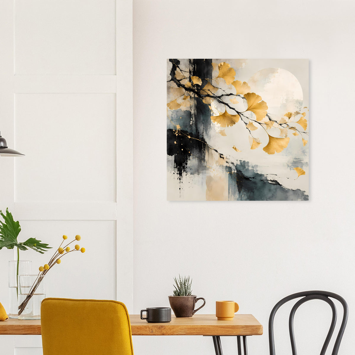 Kunst-Poster mit goldenem Gingkoblatt, beigem Aquarell und dunklen Pinselstrichen