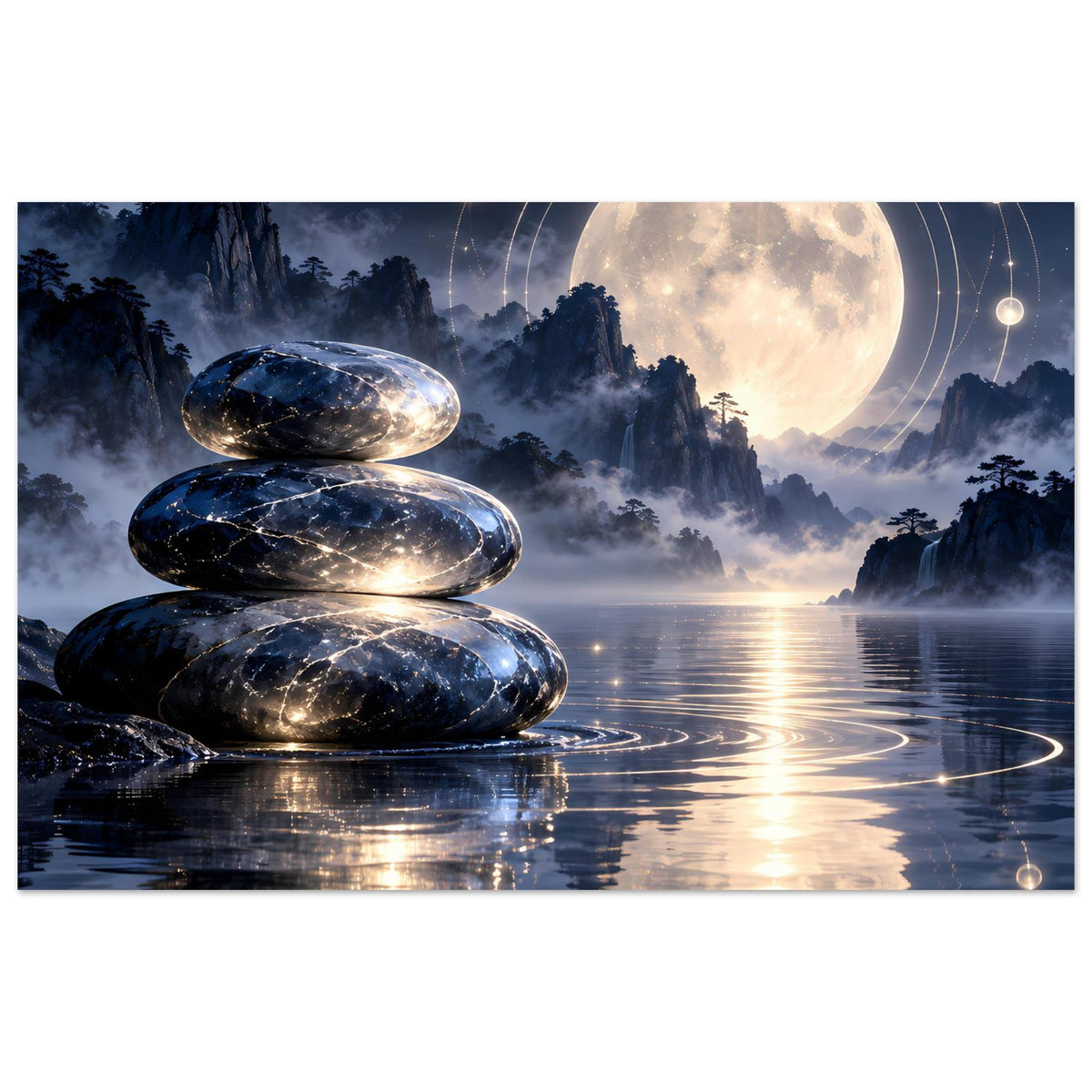 Poster mit gestapelten Zen-Steinen, hellem Mond, Kreisen und Reflexion im Wasser