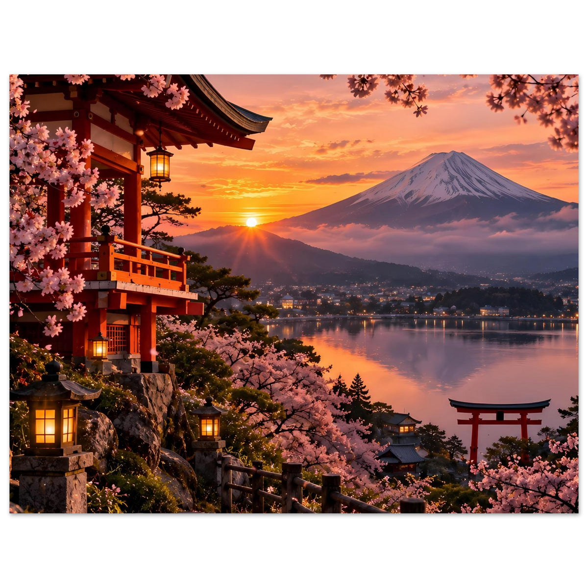 Horizontales Poster mit Tempeldach, Kirschblüten und Berg Fuji über dem See