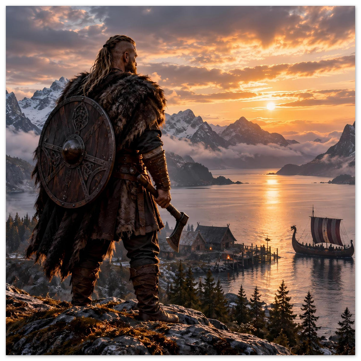 Wikinger-Poster: Rundschild mit Muster, Fellumhang tragender Krieger am Fjord bei Sonnenuntergang