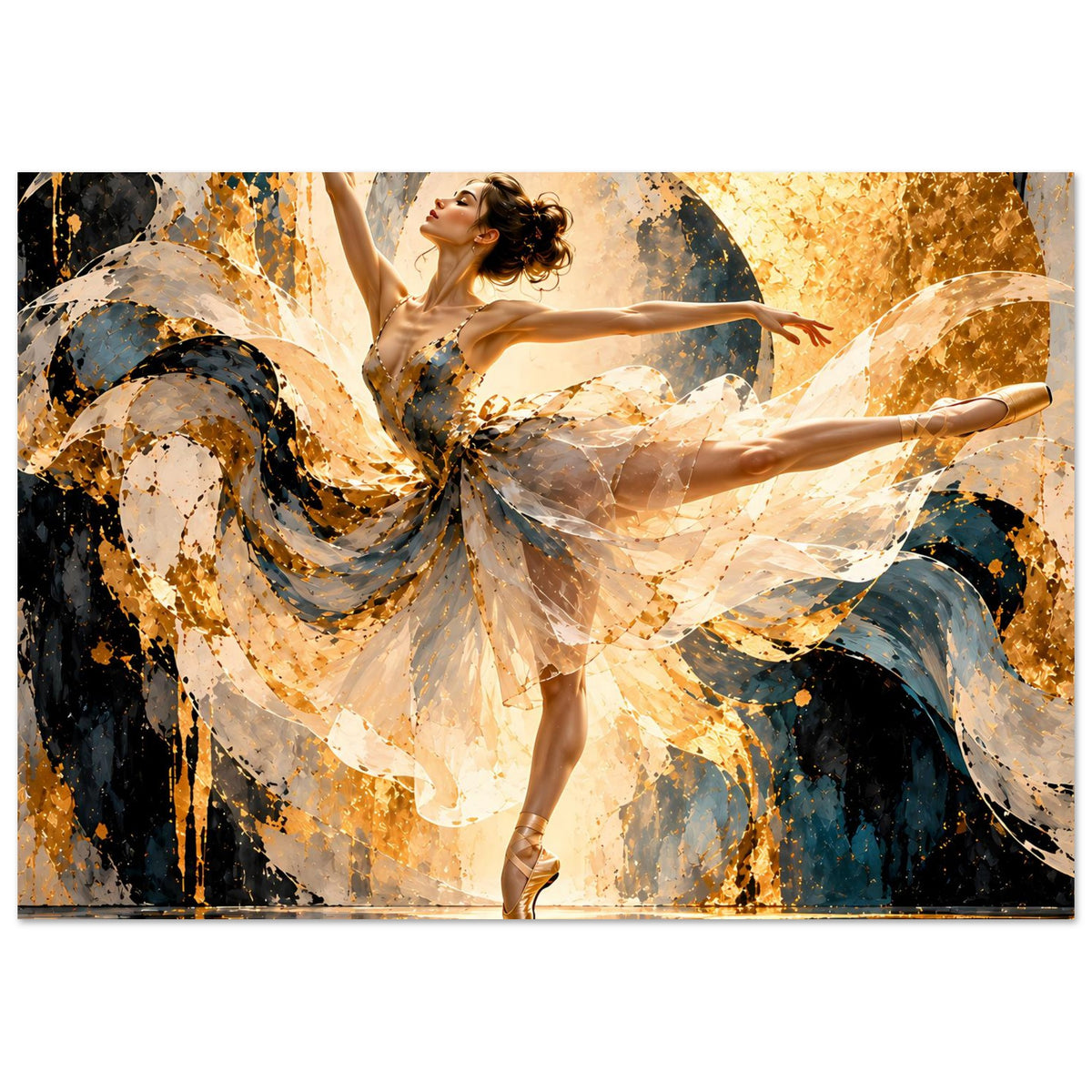 Ballett-Tanzposter im Querformat: Balletttänzerin in beigem Tutu, Sprenkel-Optik in Gold und Blau