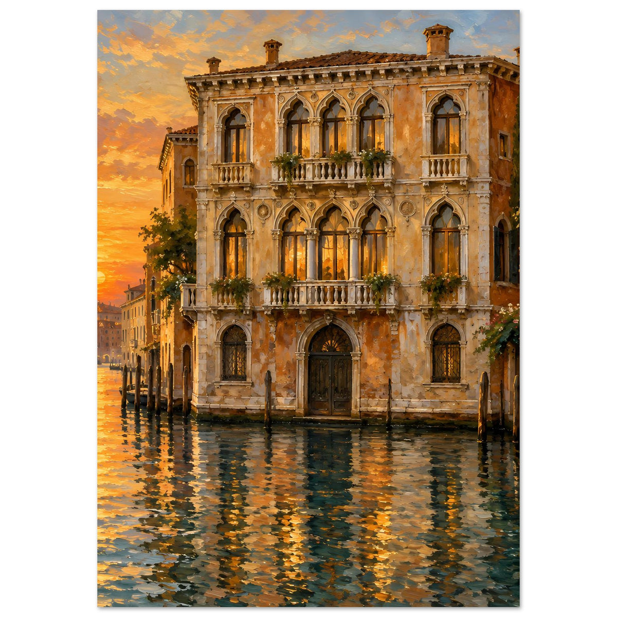 Vertikales Wandposter mit venezianischem Gebäude, Abendsonne und spiegelndem Kanalwasser