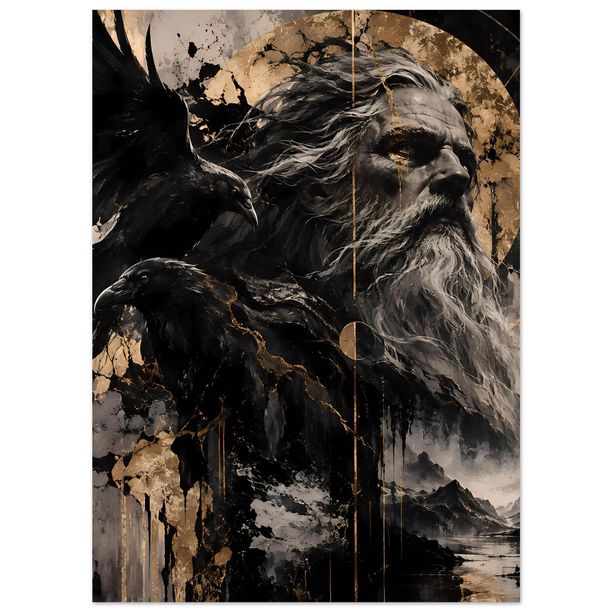 Wandposter: Nordgott mit langem Bart rechts, Rabe links, gold-schwarzer Stil mit Spritz-Textur