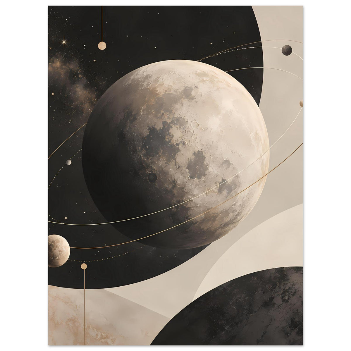 Poster im Hochformat: Mond, Sterne und Planeten mit feinen goldenen Bahnen.