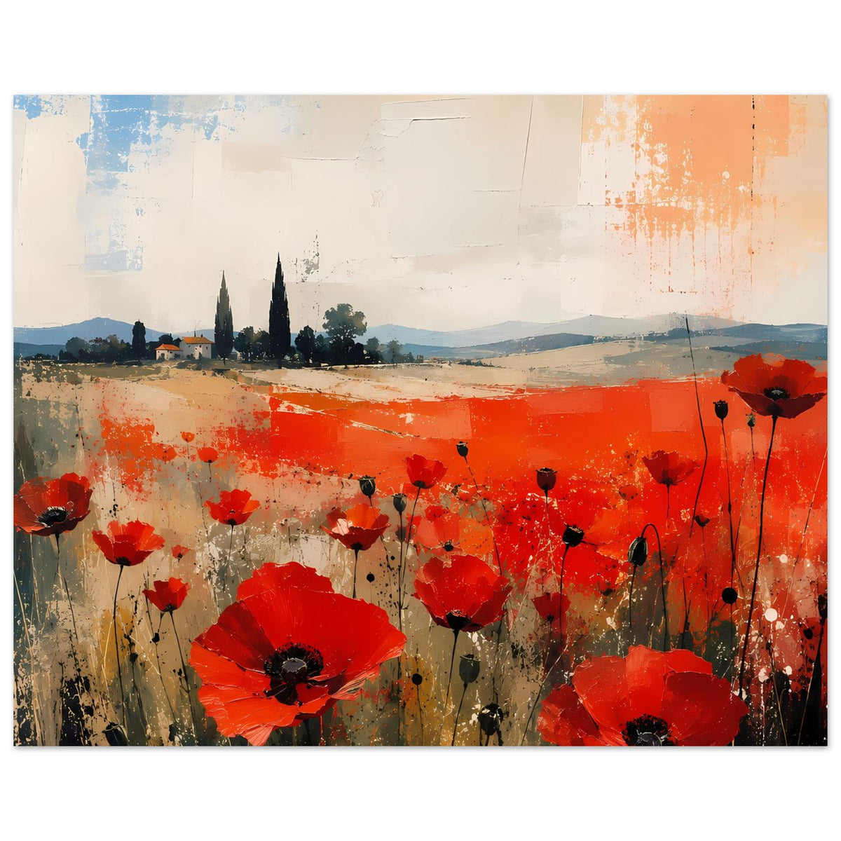 Poster mit roten Mohnblumen im abstrakten Landschaftsstil, mit schwarzem Rand unten.