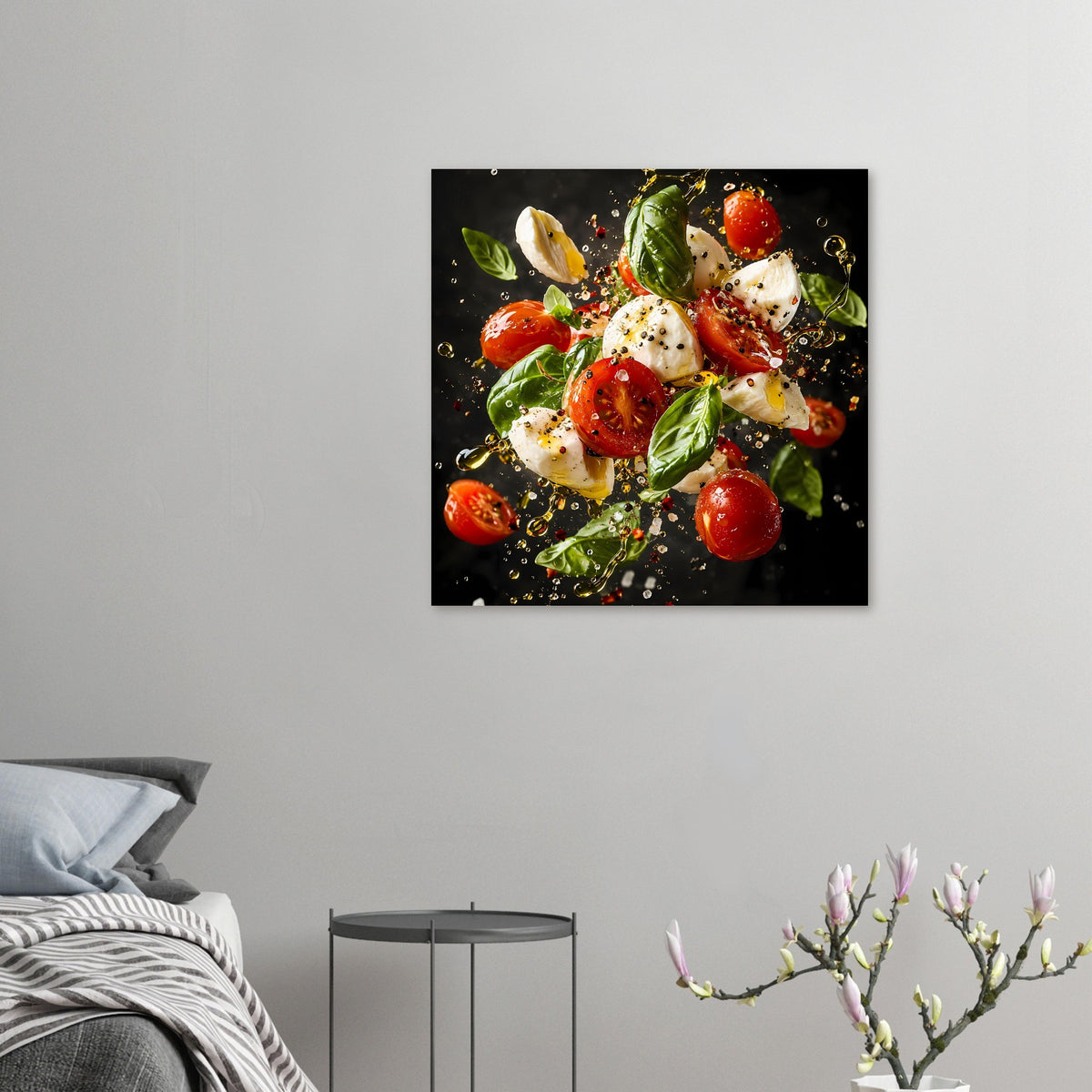 Kleines Kunstposter Caprese-Salat: Tomaten, Mozzarella, Basilikum mit Gewürz