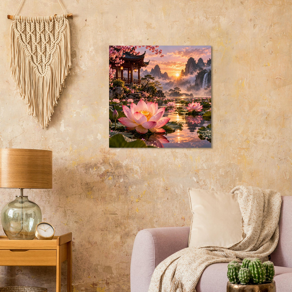 Quadratisches Poster mit Lotusblüten und Tempelgarten bei Sonnenuntergang, reflektierendes Wasser