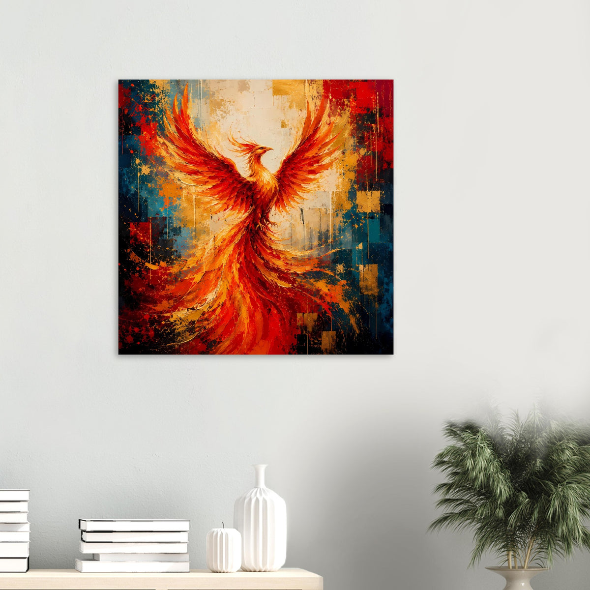 Wandposter mit Phönix und ausgebreiteten Flügeln, orange-rote Farbtöne, gerahmt