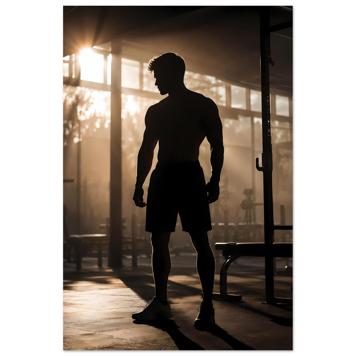 Fitness-Poster (Hochformat) mit Silhouette eines Sportlers in Shorts, von der Seite