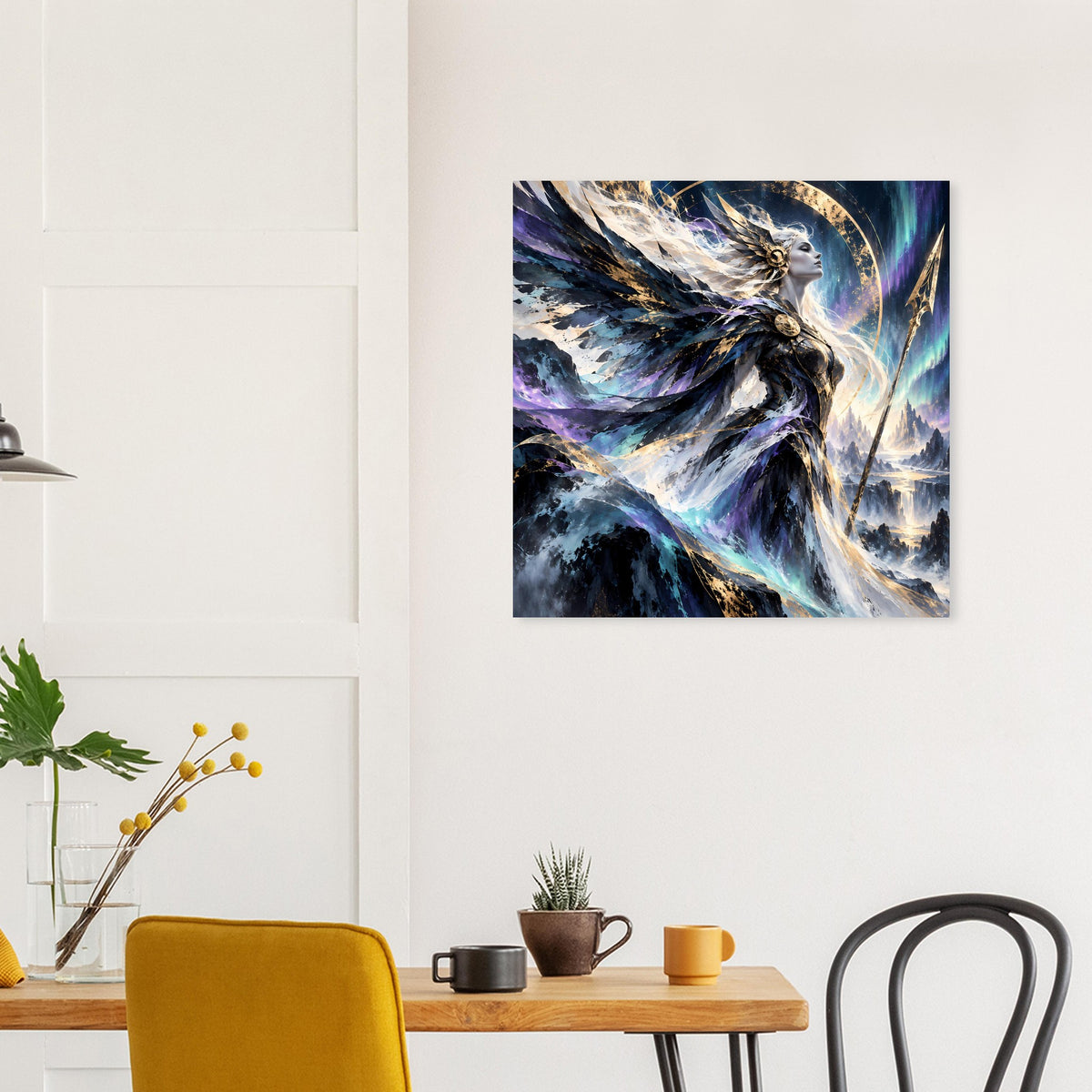 Quadratisches Poster: Göttin mit Flügeln, leuchtende Effekte in Blau, Violett und Gold