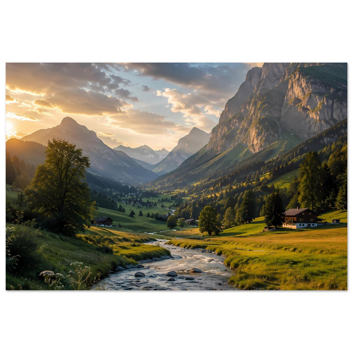 Horizontales Poster mit Alpenlandschaft bei Sonnenuntergang, Tal, Fluss, Berge und Wiesen.
