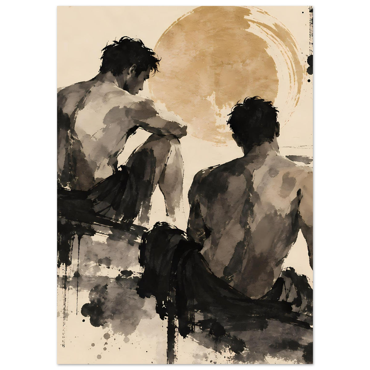 Kunstposter mit zwei Rückenfiguren in Sepia und markanten schwarzen Farbspritzern