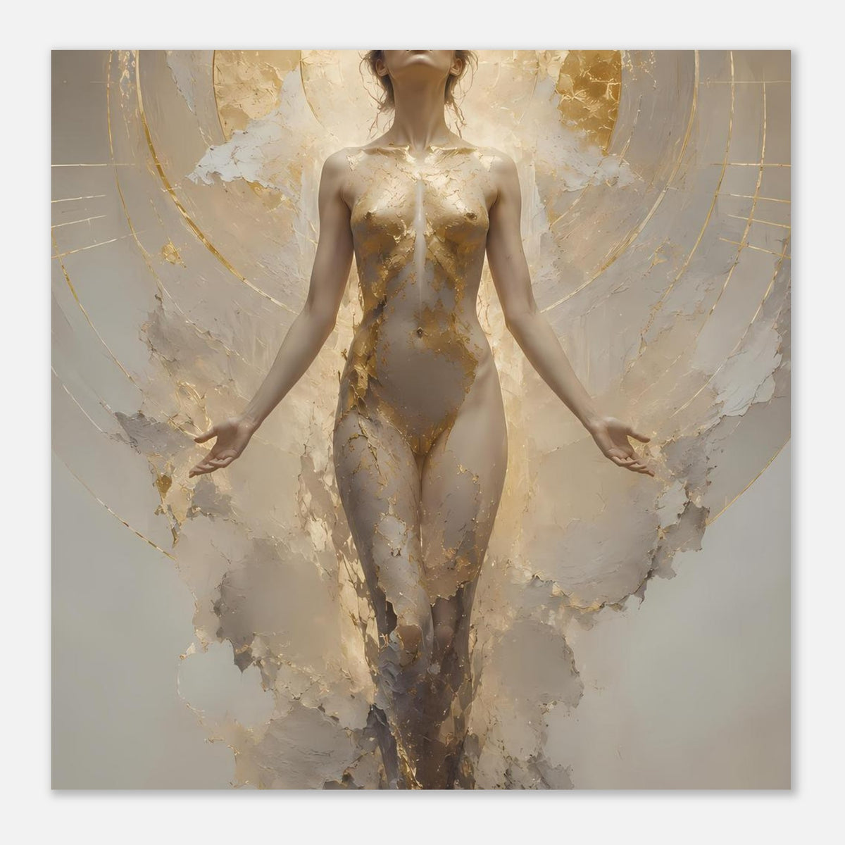 Nahansicht-Poster der schwebenden Frauenfigur in Creme und Gold