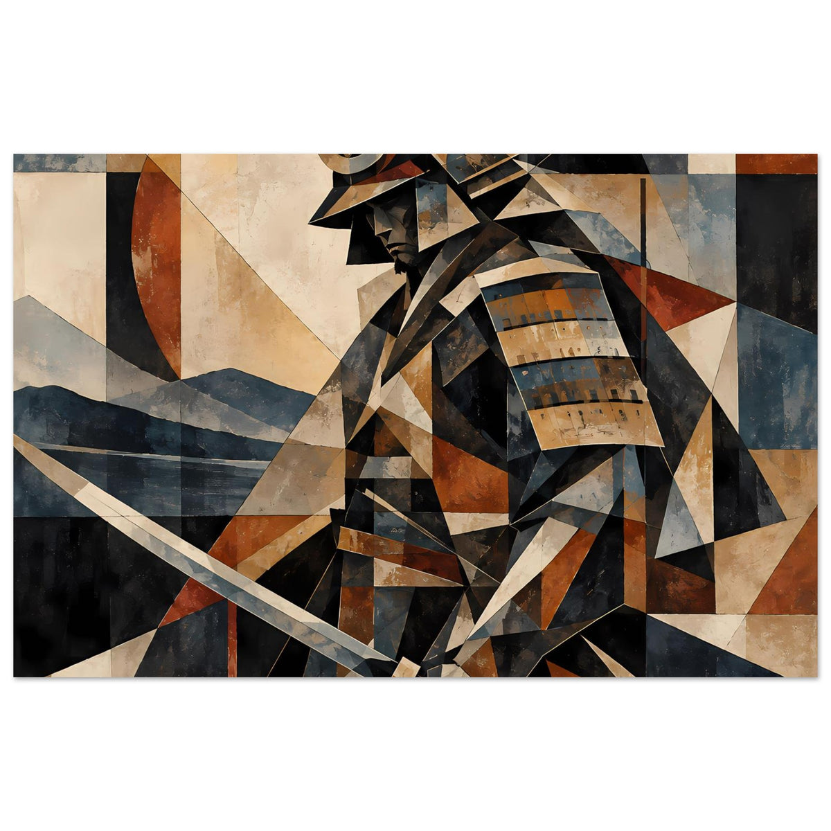 Poster mit geometrischem Samurai-Krieger in Erdtönen und Blau, Helm und Schwert, abstrakte Formen