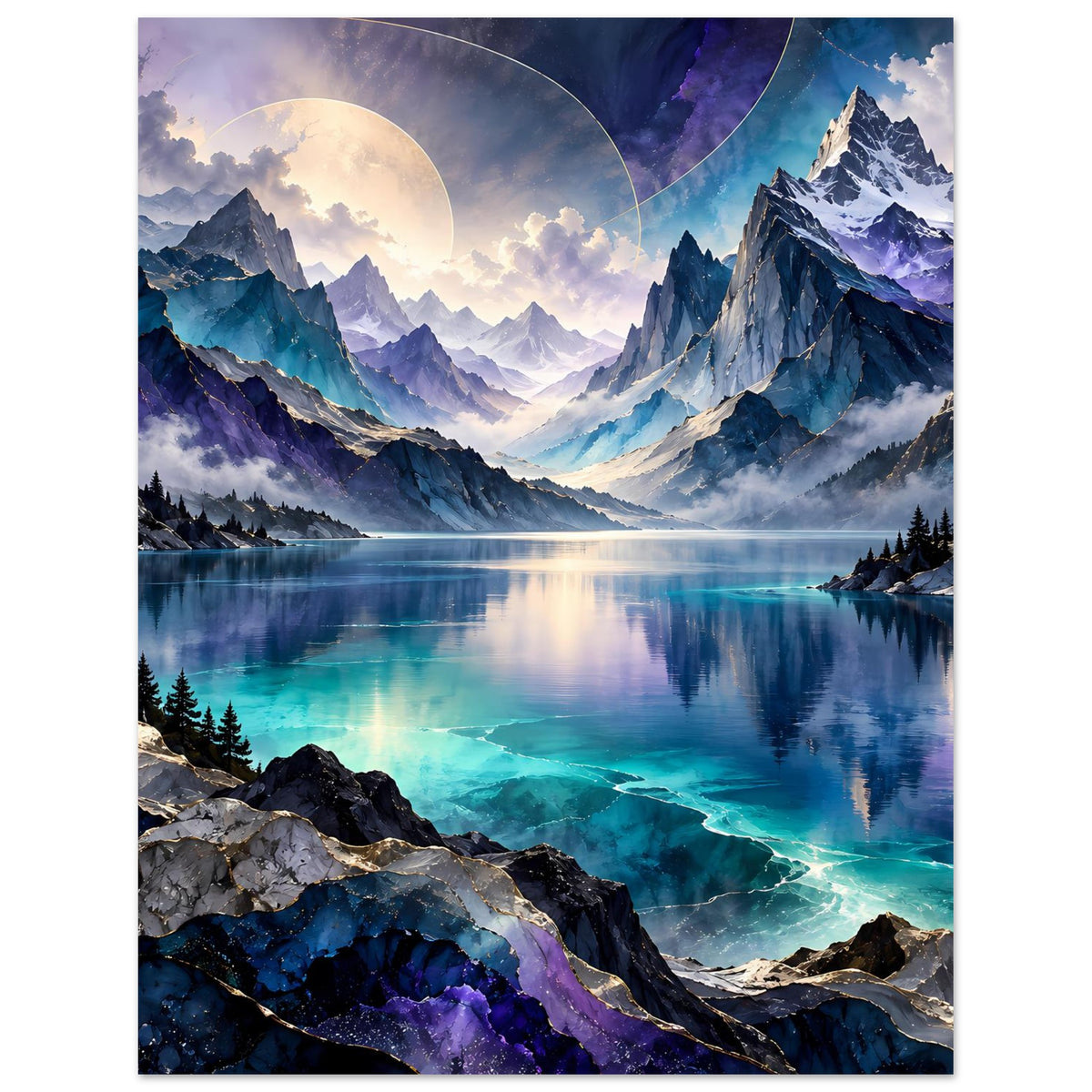 Bergsee-Poster mit Spiegelung im See, violetten Wolken, türkis glühendem Fluss und Alpenbergen