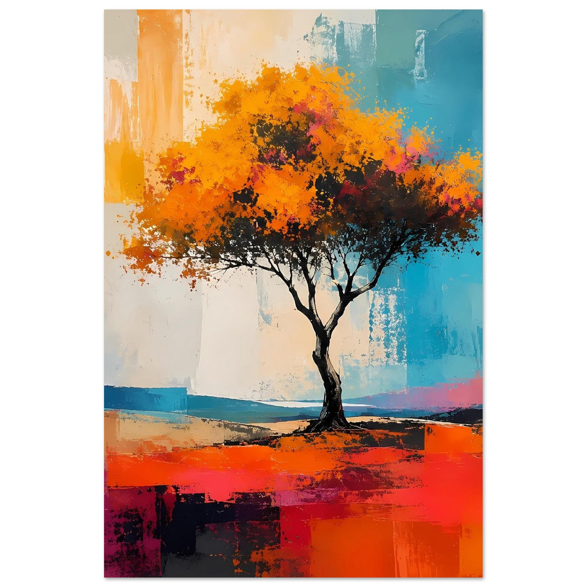 Abstraktes Poster mit Baum, leuchtende orange Krone und türkis-blauer Hintergrundfläche