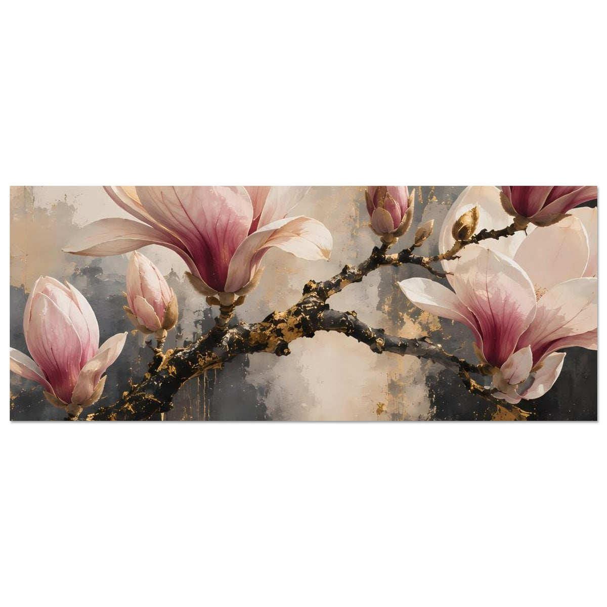 Horizontales Magnolienblüten-Poster mit goldfarbenen Akzenten, rosa-weißen Blüten und Spritzdekor.