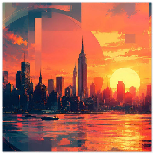 Horizontales Skyline-Poster mit Sonnenuntergang, Sonne über Wasser und Hochhäusern