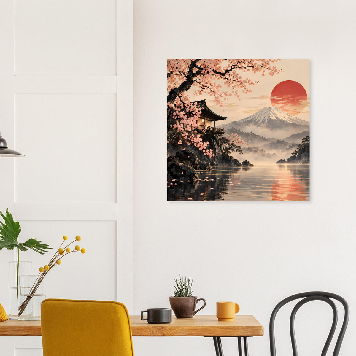 Quadratisches Wandposter mit Berg Fuji, Kirschblüten, rotem Sonnenaufgang und Reflexion im Wasser