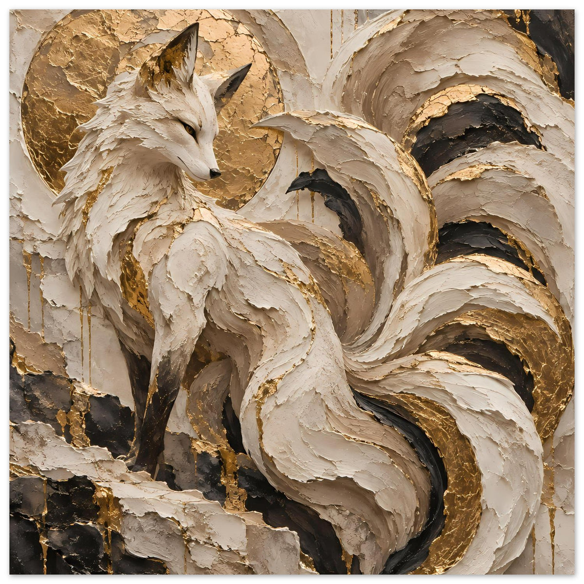 Kunstposter mit Fuchs-Motiv, horizontale Darstellung; reliefartige Creme-Gold-Optik mit dunklen Akzenten