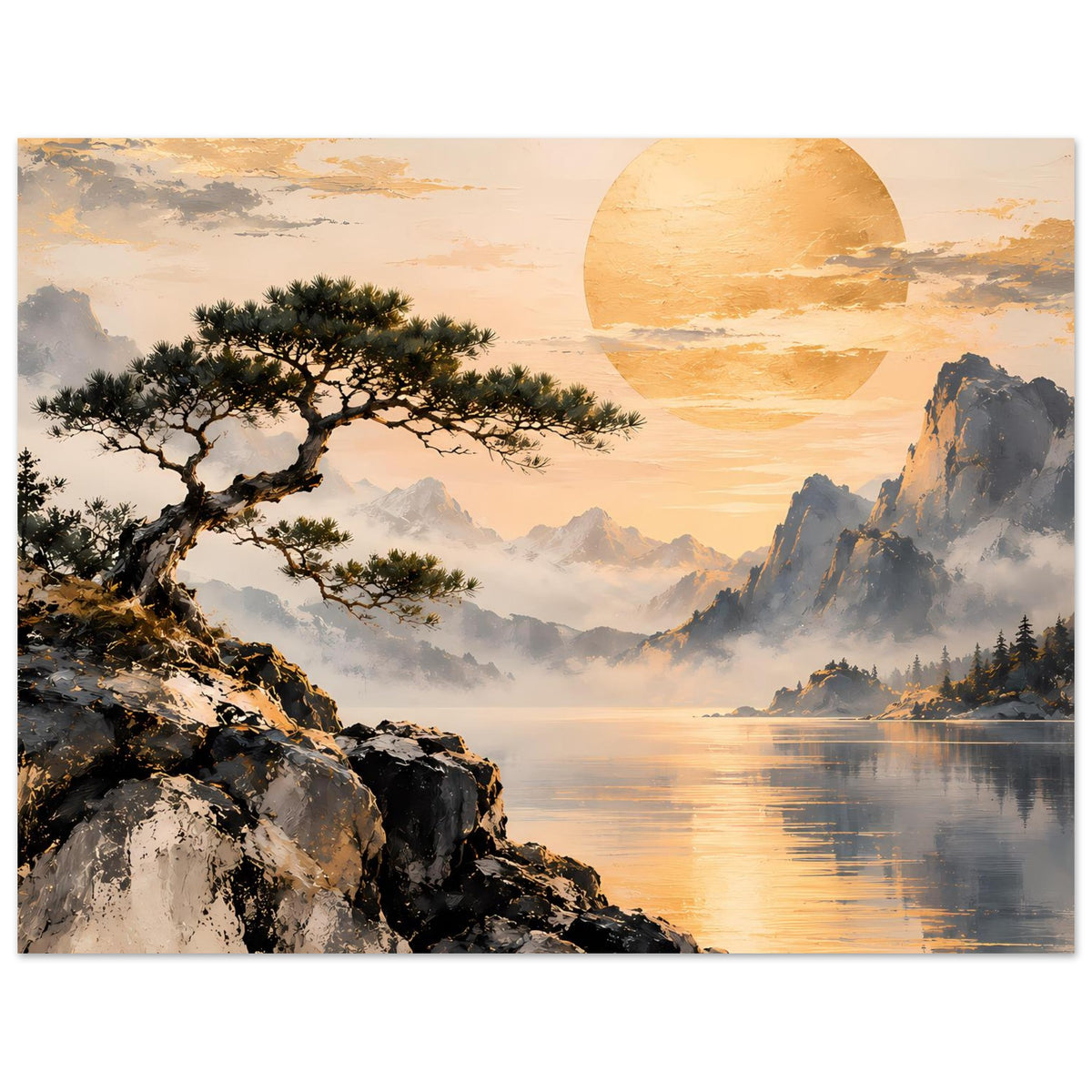 Landschaftsposter mit goldenem Sonnenhalbkreis, Bergen, Baum auf Felsen und Spiegel im See