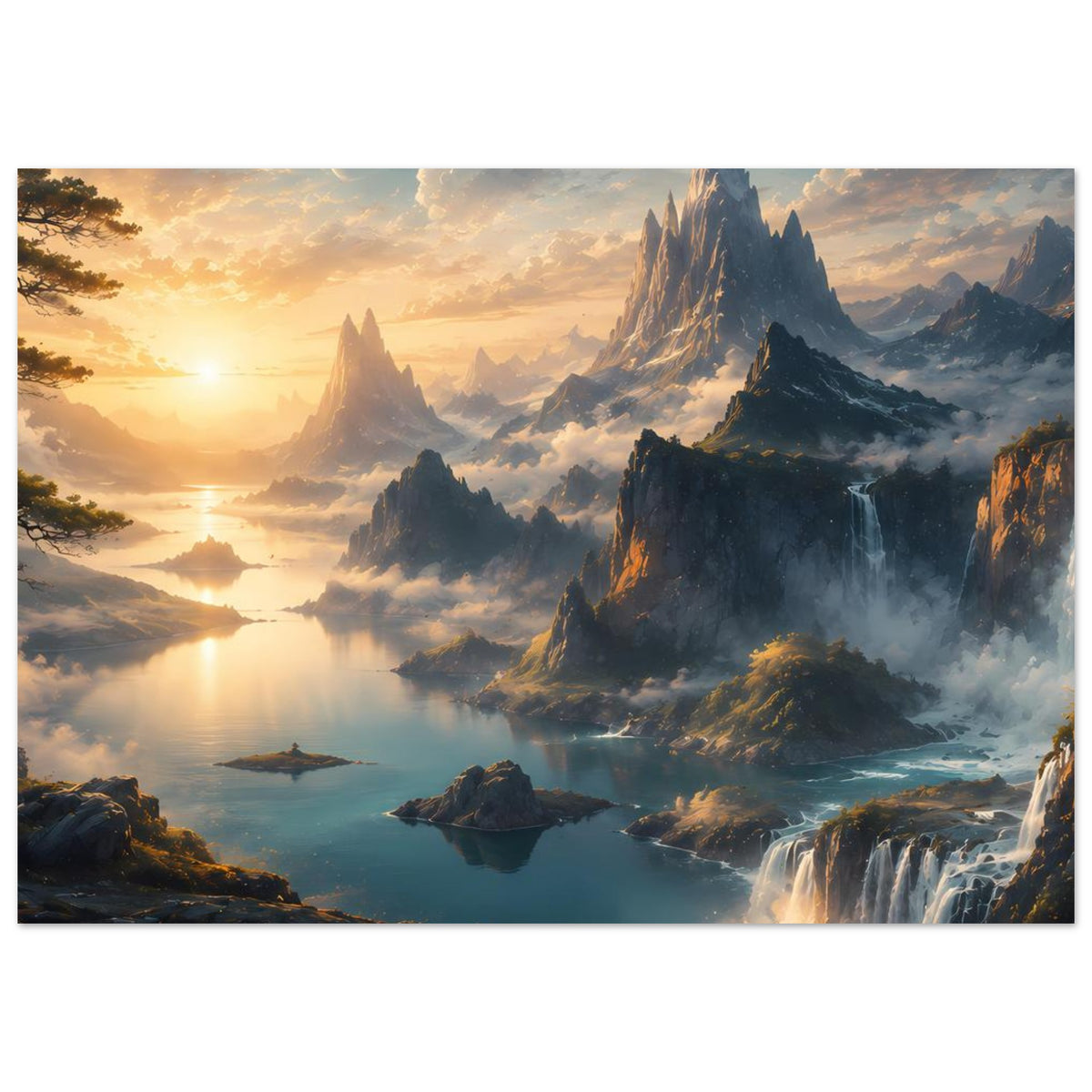Horizontales Poster mit felsigen Bergen, Wasserfall und nebligem See im Morgenlicht