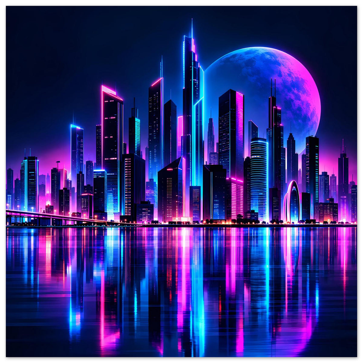 Neon-Stadtmotiv-Poster mit beleuchteter Skyline, großer blauer Mondscheibe und Spiegelung im Wasser